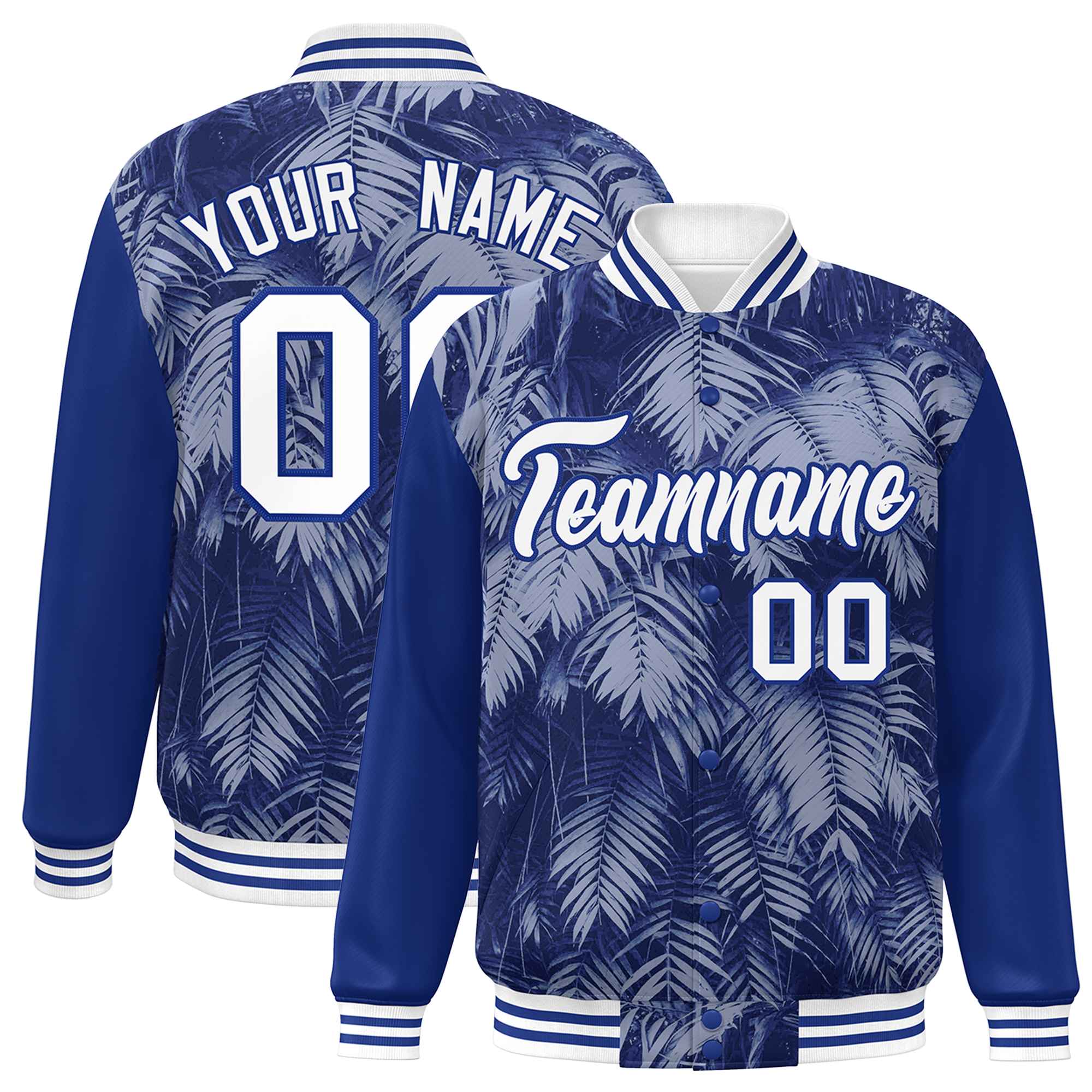 Custom Royal White-Navy Maple Leaf Raglan Sleeves Bomber Graffiti Pattern Varsity Jacket