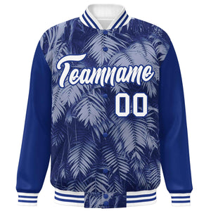 Custom Royal White-Navy Maple Leaf Raglan Sleeves Bomber Graffiti Pattern Varsity Jacket