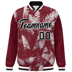 Custom Crimson Black-White Maple Leaf Raglan Sleeves Bomber Graffiti Pattern Varsity Jacket