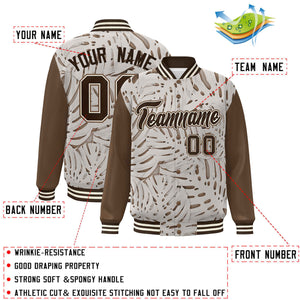 Custom Light Brown Brown-Cream Maple Leaf Raglan Sleeves Bomber Graffiti Pattern Varsity Jacket