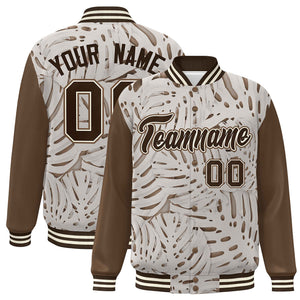 Custom Light Brown Brown-Cream Maple Leaf Raglan Sleeves Bomber Graffiti Pattern Varsity Jacket