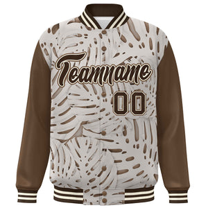 Custom Light Brown Brown-Cream Maple Leaf Raglan Sleeves Bomber Graffiti Pattern Varsity Jacket