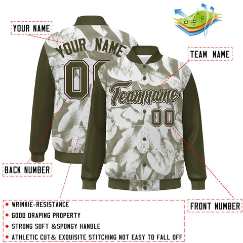 Custom Olive White-Brown Maple Leaf Raglan Sleeves Bomber Graffiti Pattern Varsity Jacket