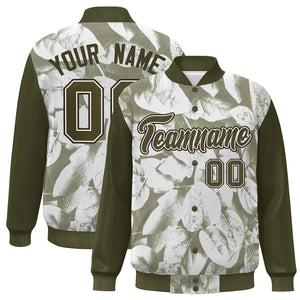 Custom Olive White-Brown Maple Leaf Raglan Sleeves Bomber Graffiti Pattern Varsity Jacket