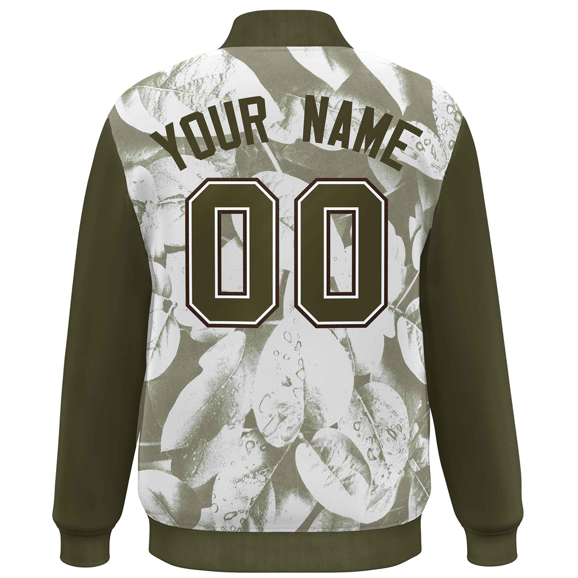 Custom Olive White-Brown Maple Leaf Raglan Sleeves Bomber Graffiti Pattern Varsity Jacket