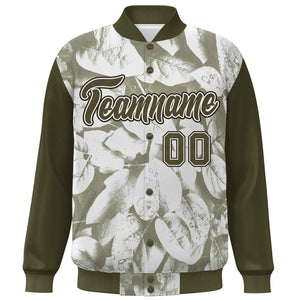 Custom Olive White-Brown Maple Leaf Raglan Sleeves Bomber Graffiti Pattern Varsity Jacket