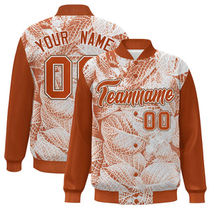 Custom Texas Orange White-Light Brown Maple Leaf Raglan Sleeves Bomber Graffiti Pattern Varsity Jacket