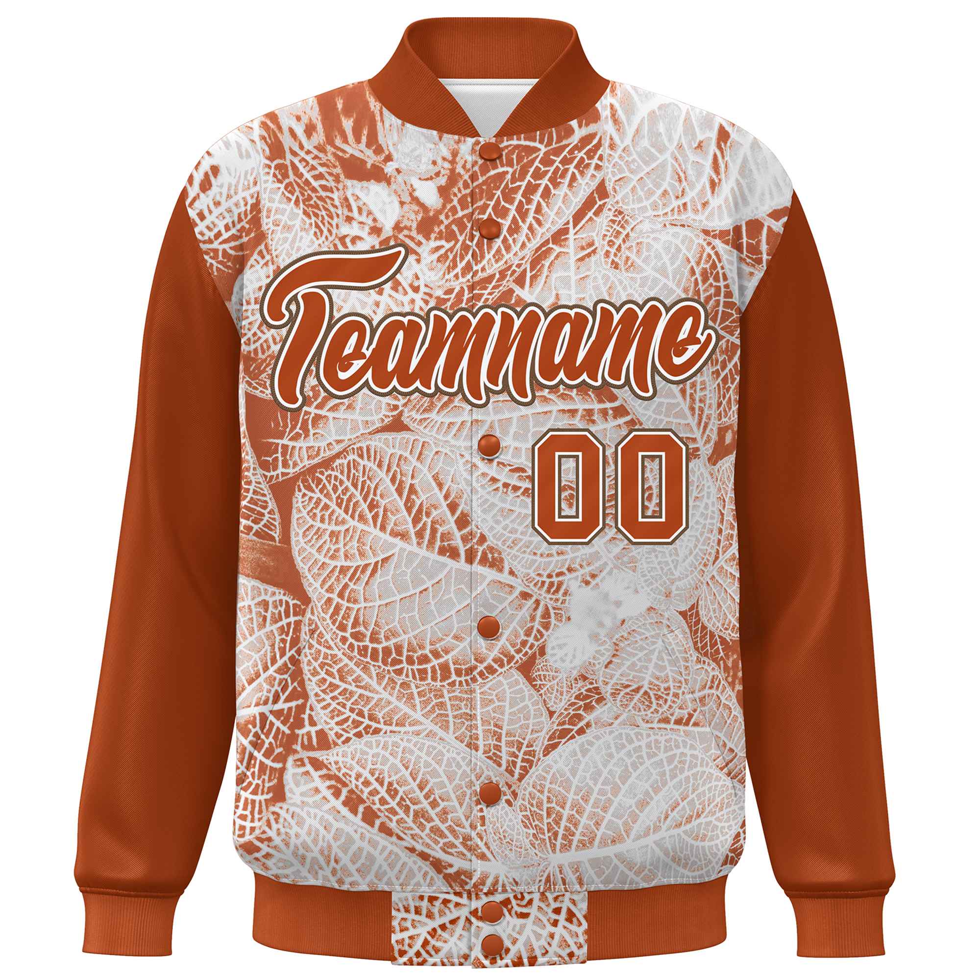 Custom Texas Orange White-Light Brown Maple Leaf Raglan Sleeves Bomber Graffiti Pattern Varsity Jacket