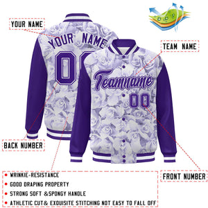 Custom Purple White Maple Leaf Raglan Sleeves Bomber Graffiti Pattern Varsity Jacket