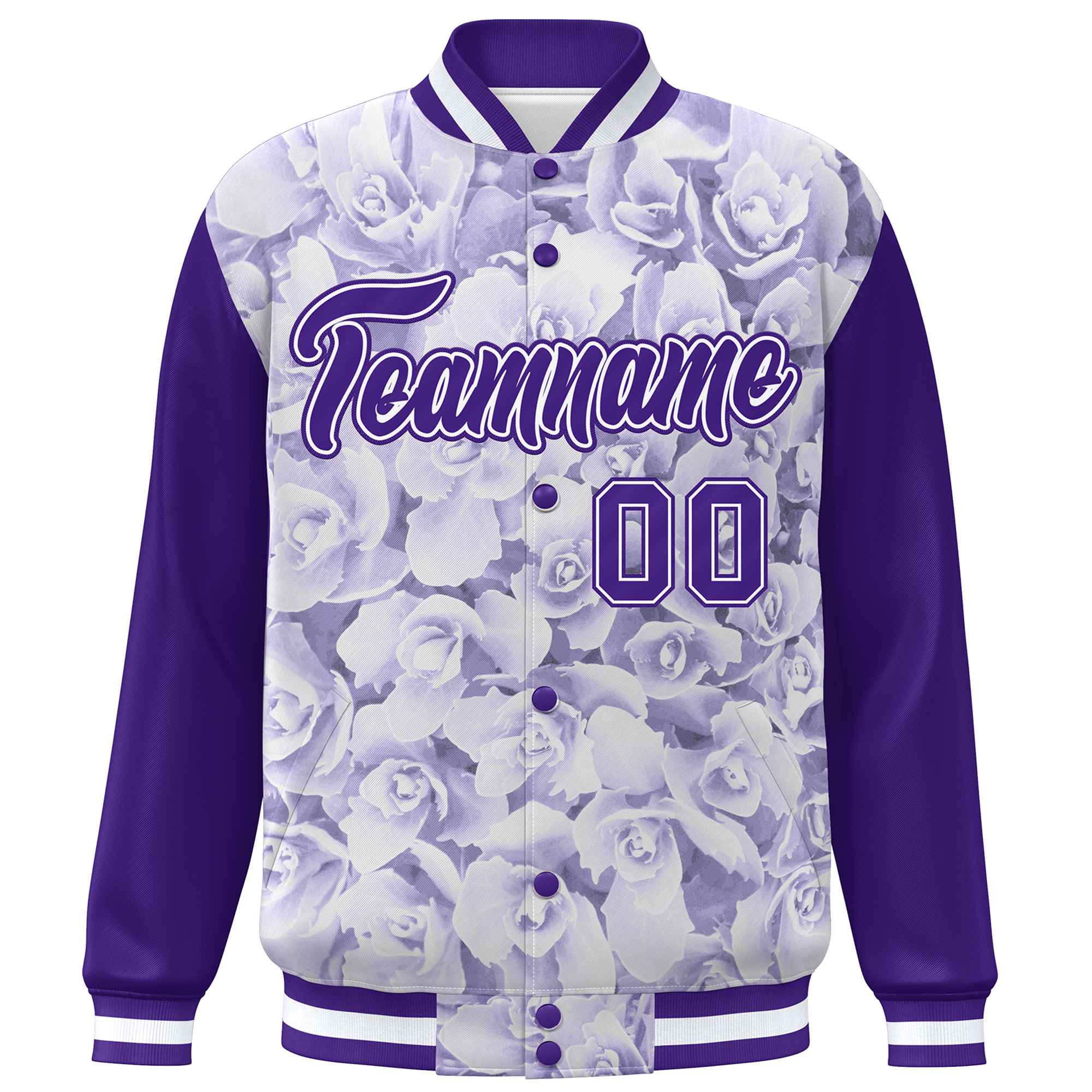 Custom Purple White Maple Leaf Raglan Sleeves Bomber Graffiti Pattern Varsity Jacket