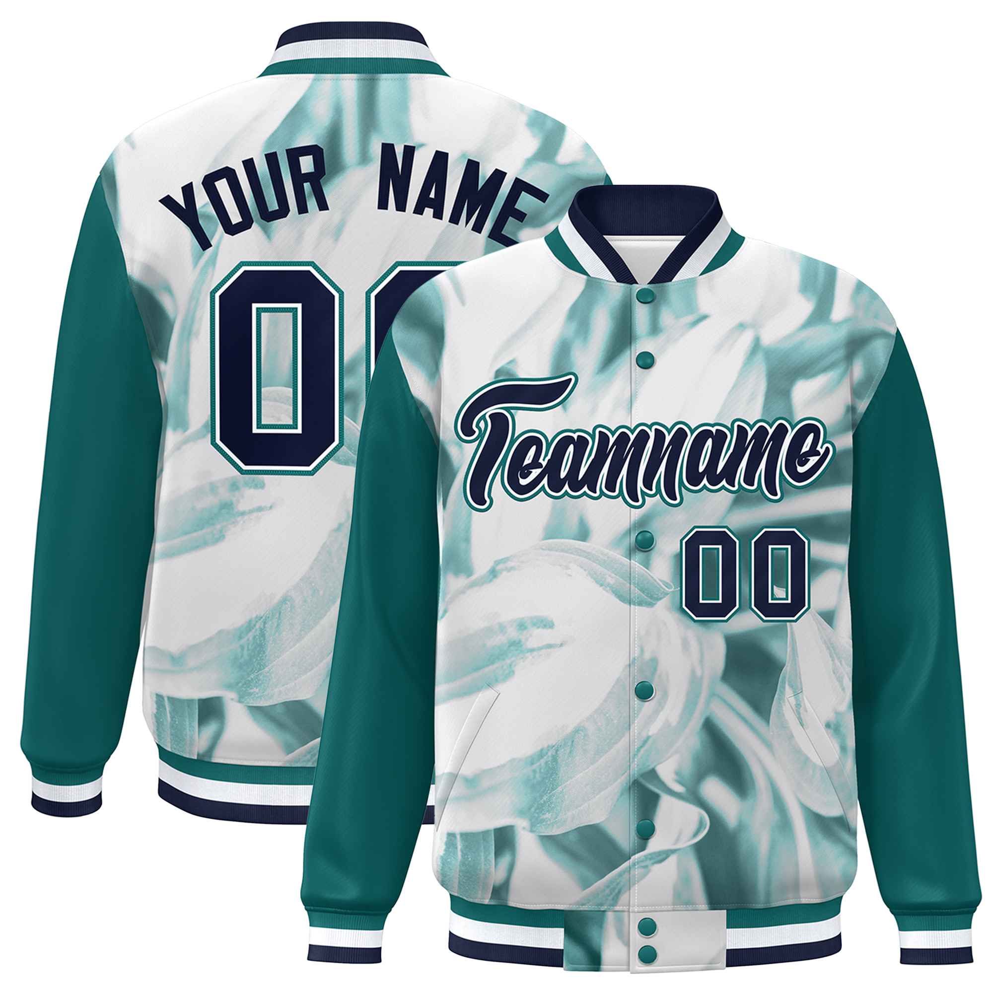 Custom Aqua Navy-White Maple Leaf Raglan Sleeves Bomber Graffiti Pattern Varsity Jacket