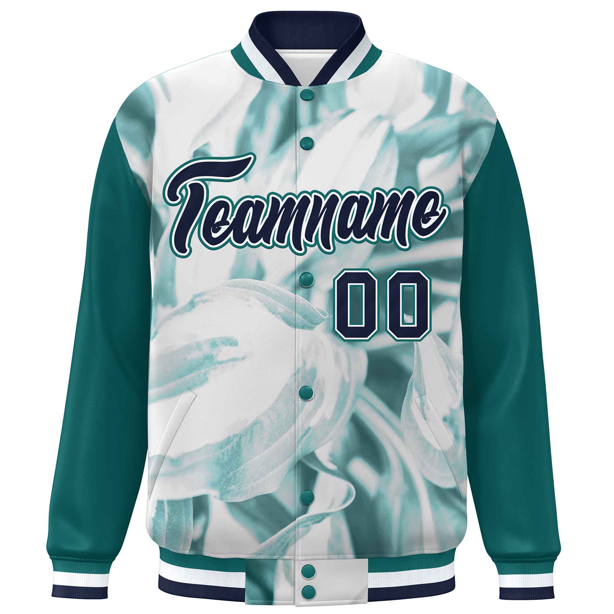 Custom Aqua Navy-White Maple Leaf Raglan Sleeves Bomber Graffiti Pattern Varsity Jacket