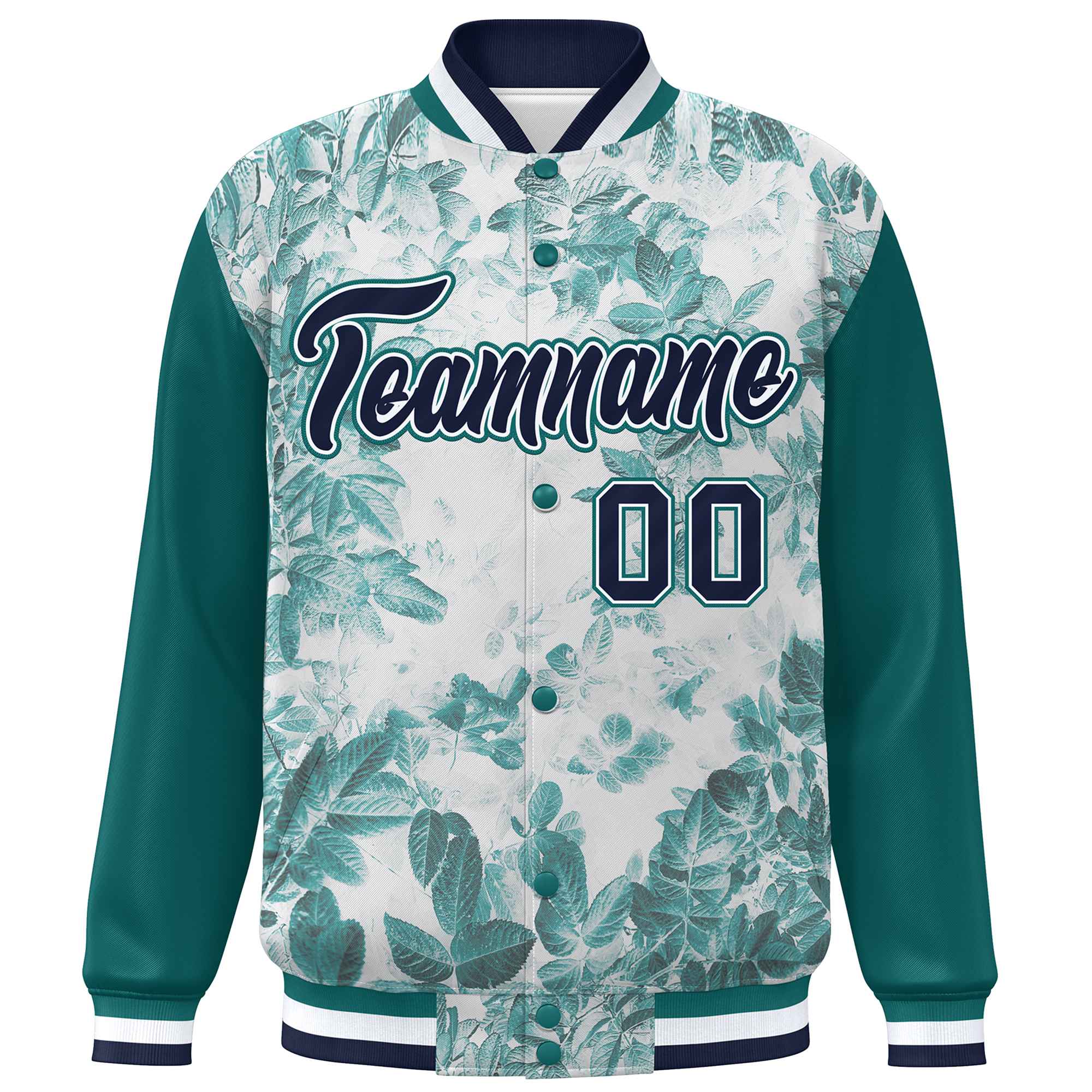 Custom Aqua Navy-White Maple Leaf Raglan Sleeves Bomber Graffiti Pattern Varsity Jacket