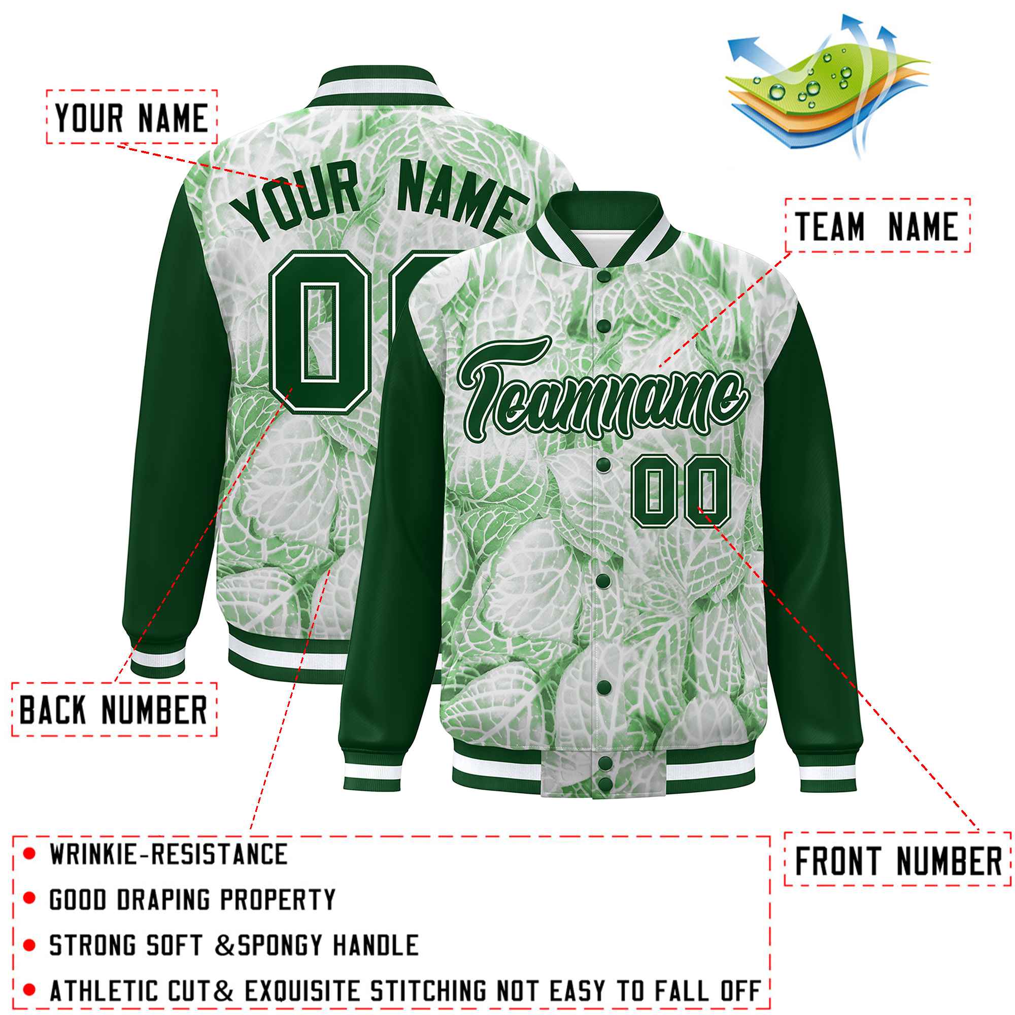 Custom Green White Maple Leaf Raglan Sleeves Bomber Graffiti Pattern Varsity Jacket