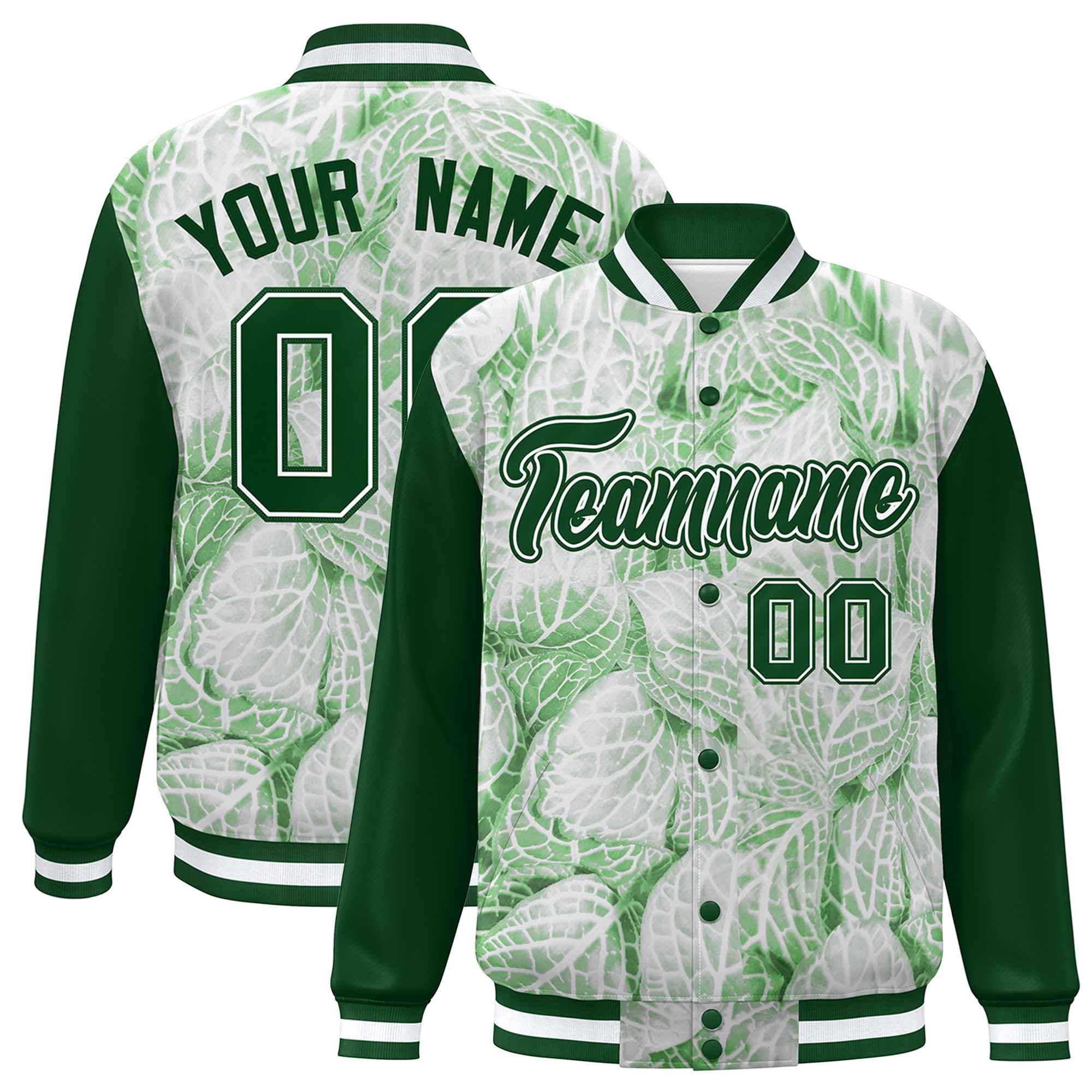 Custom Green White Maple Leaf Raglan Sleeves Bomber Graffiti Pattern Varsity Jacket