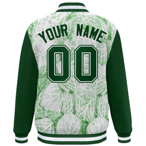 Custom Green White Maple Leaf Raglan Sleeves Bomber Graffiti Pattern Varsity Jacket