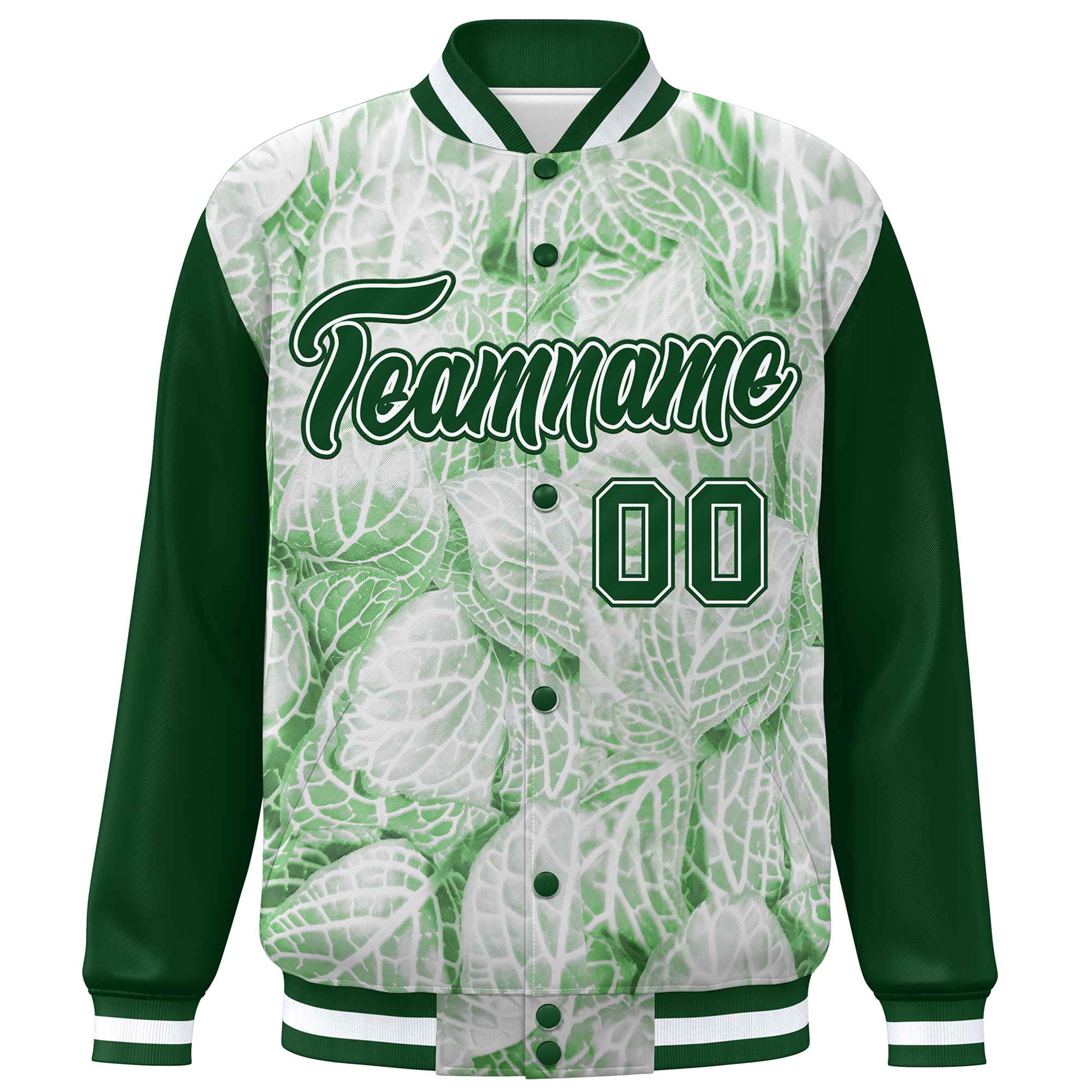 Custom Green White Maple Leaf Raglan Sleeves Bomber Graffiti Pattern Varsity Jacket