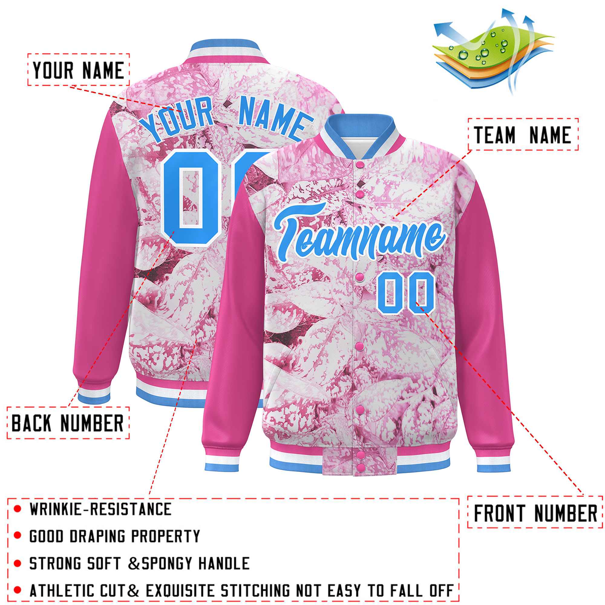 Custom Pink Powder Blue-White Maple Leaf Raglan Sleeves Bomber Graffiti Pattern Varsity Jacket