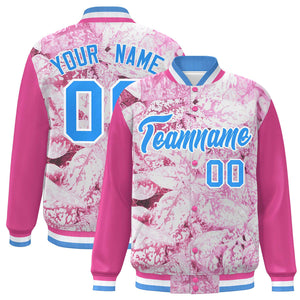 Custom Pink Powder Blue-White Maple Leaf Raglan Sleeves Bomber Graffiti Pattern Varsity Jacket