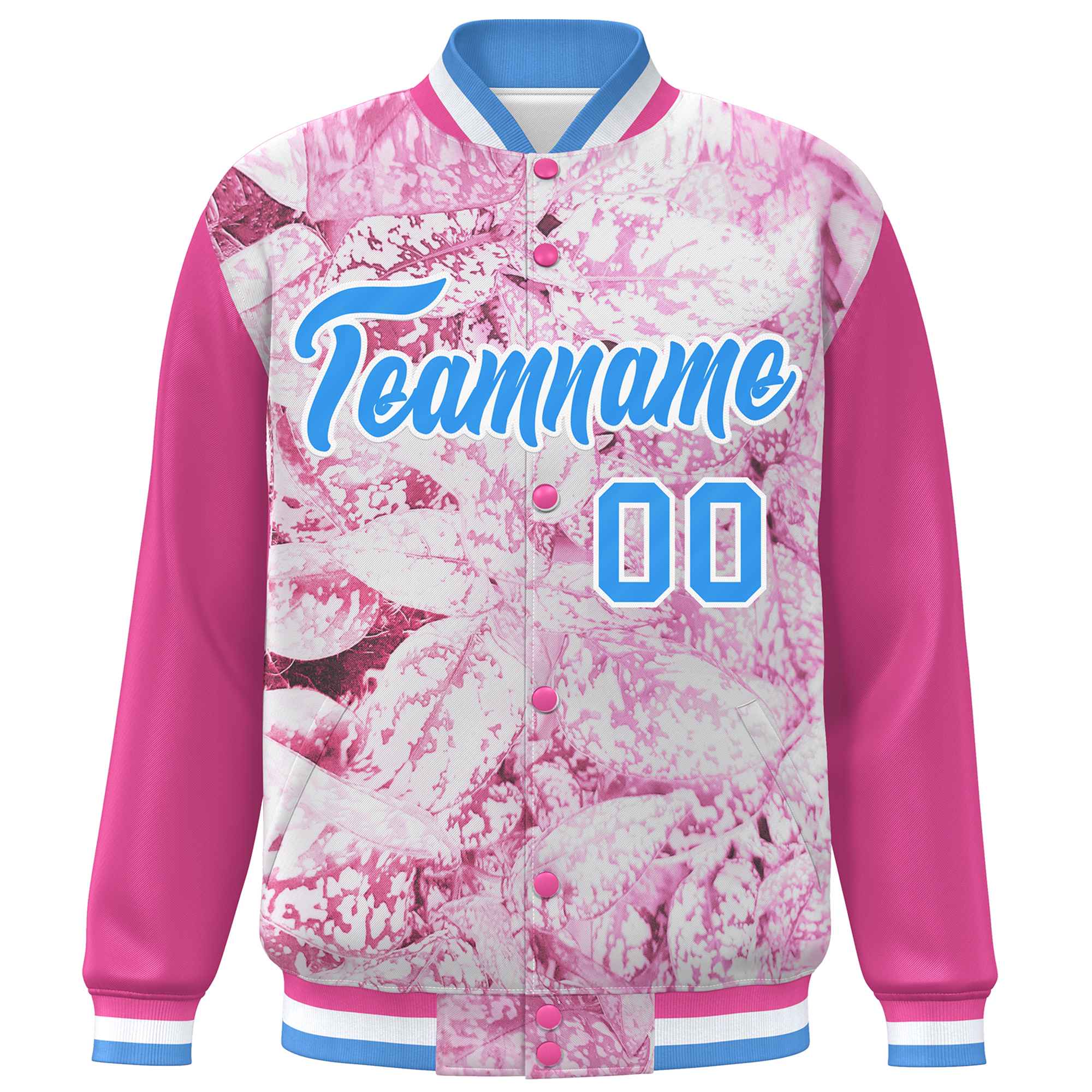 Custom Pink Powder Blue-White Maple Leaf Raglan Sleeves Bomber Graffiti Pattern Varsity Jacket