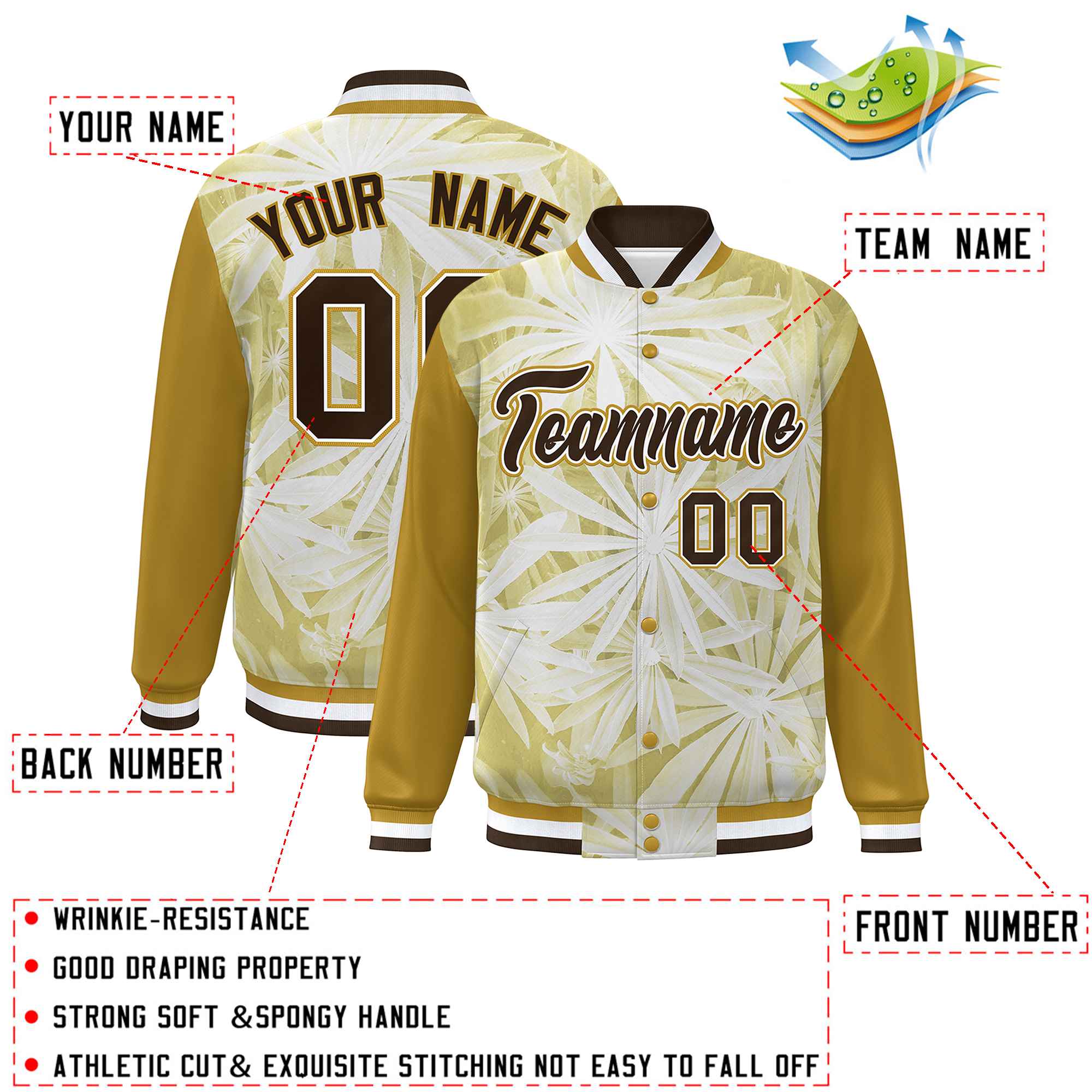 Custom Old Gold Brown-White Maple Leaf Raglan Sleeves Bomber Graffiti Pattern Varsity Jacket