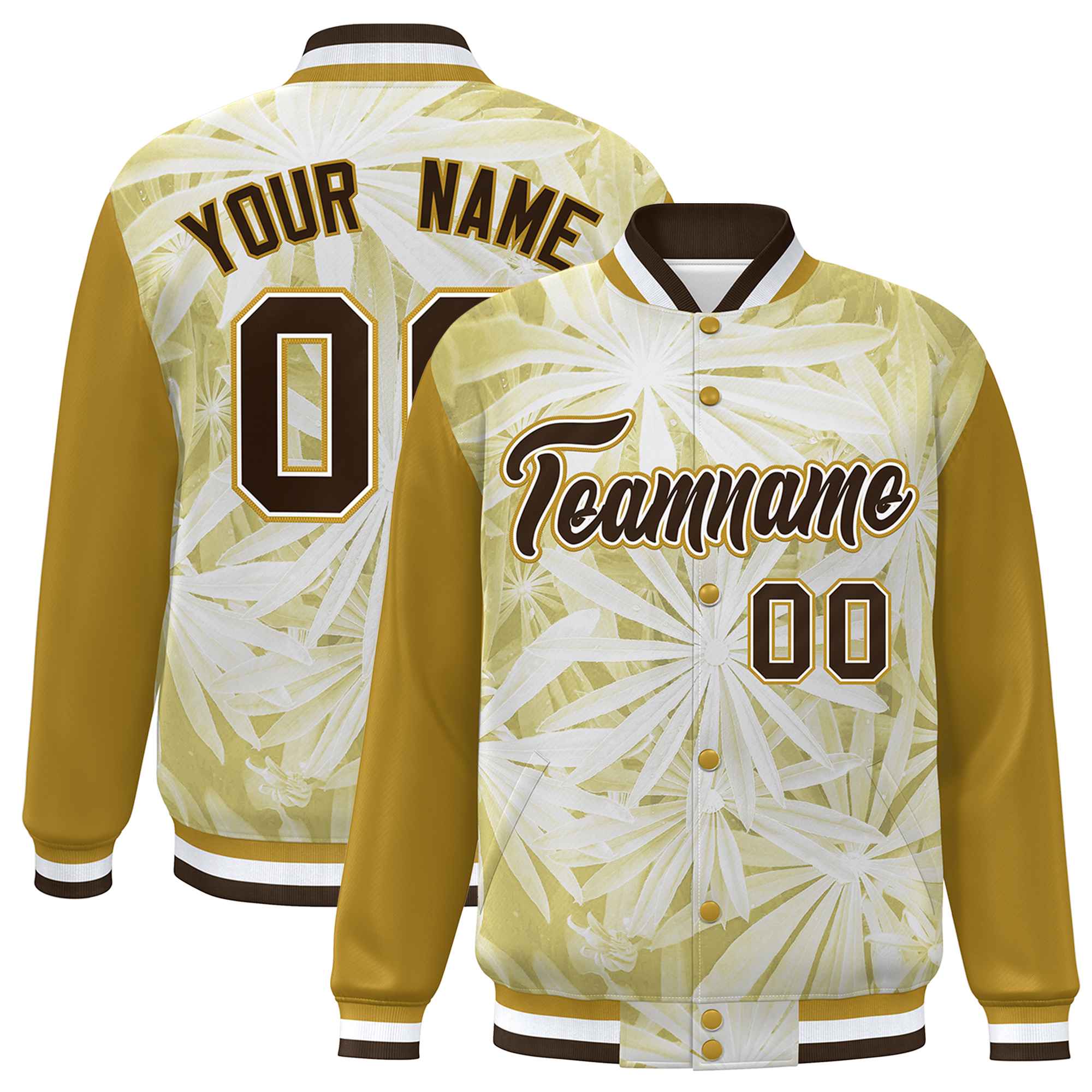 Custom Old Gold Brown-White Maple Leaf Raglan Sleeves Bomber Graffiti Pattern Varsity Jacket