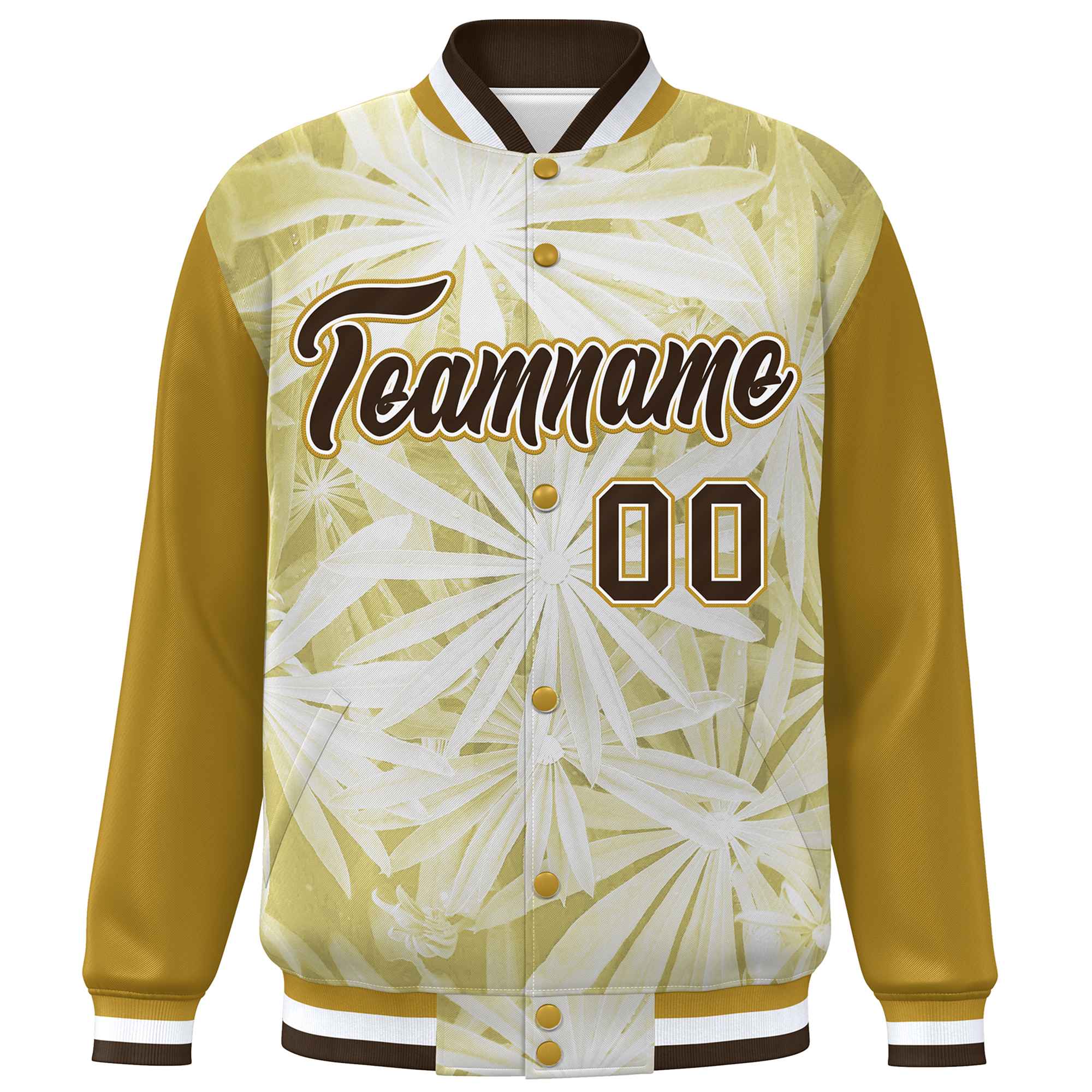 Custom Old Gold Brown-White Maple Leaf Raglan Sleeves Bomber Graffiti Pattern Varsity Jacket