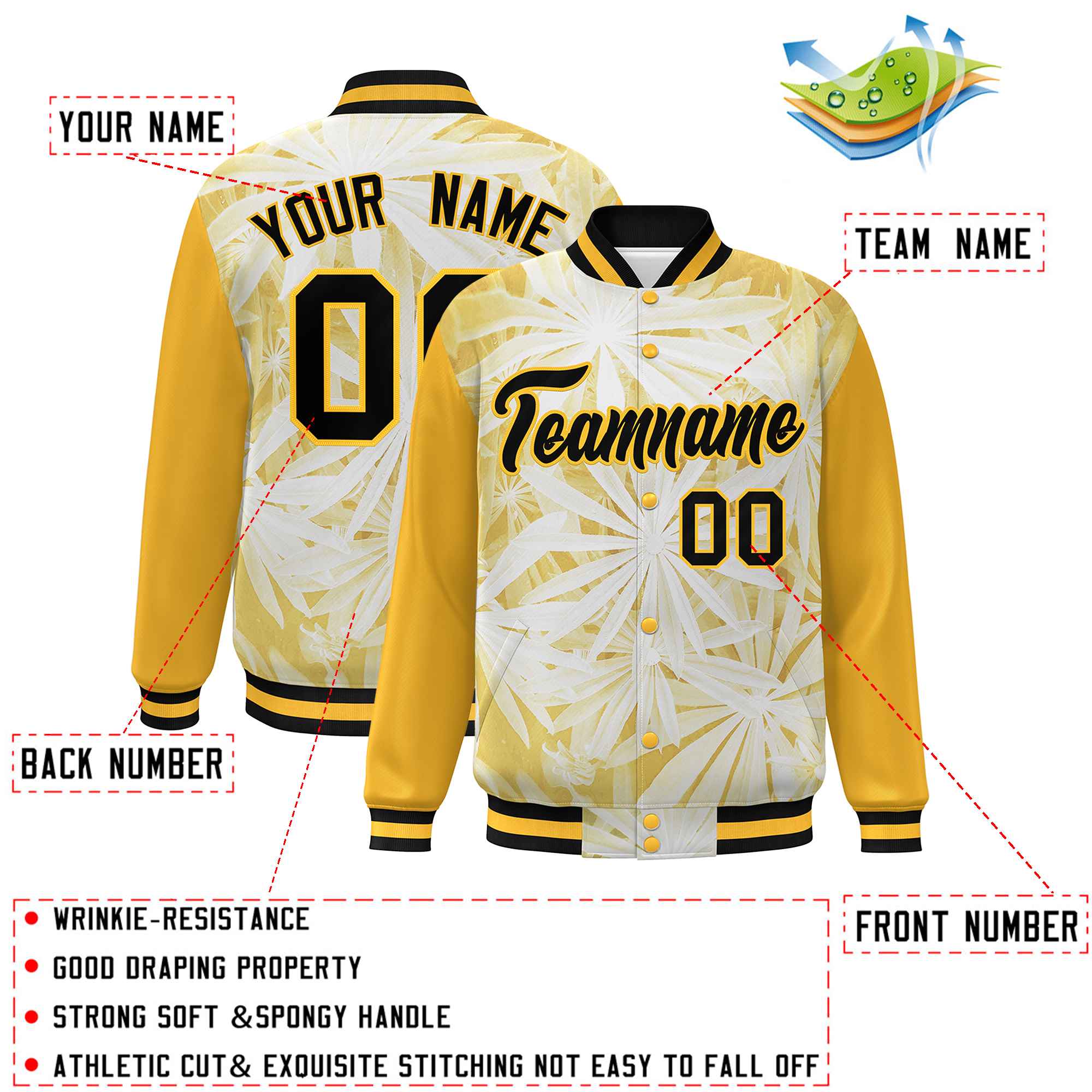 Custom Gold Black Maple Leaf Raglan Sleeves Bomber Graffiti Pattern Varsity Jacket