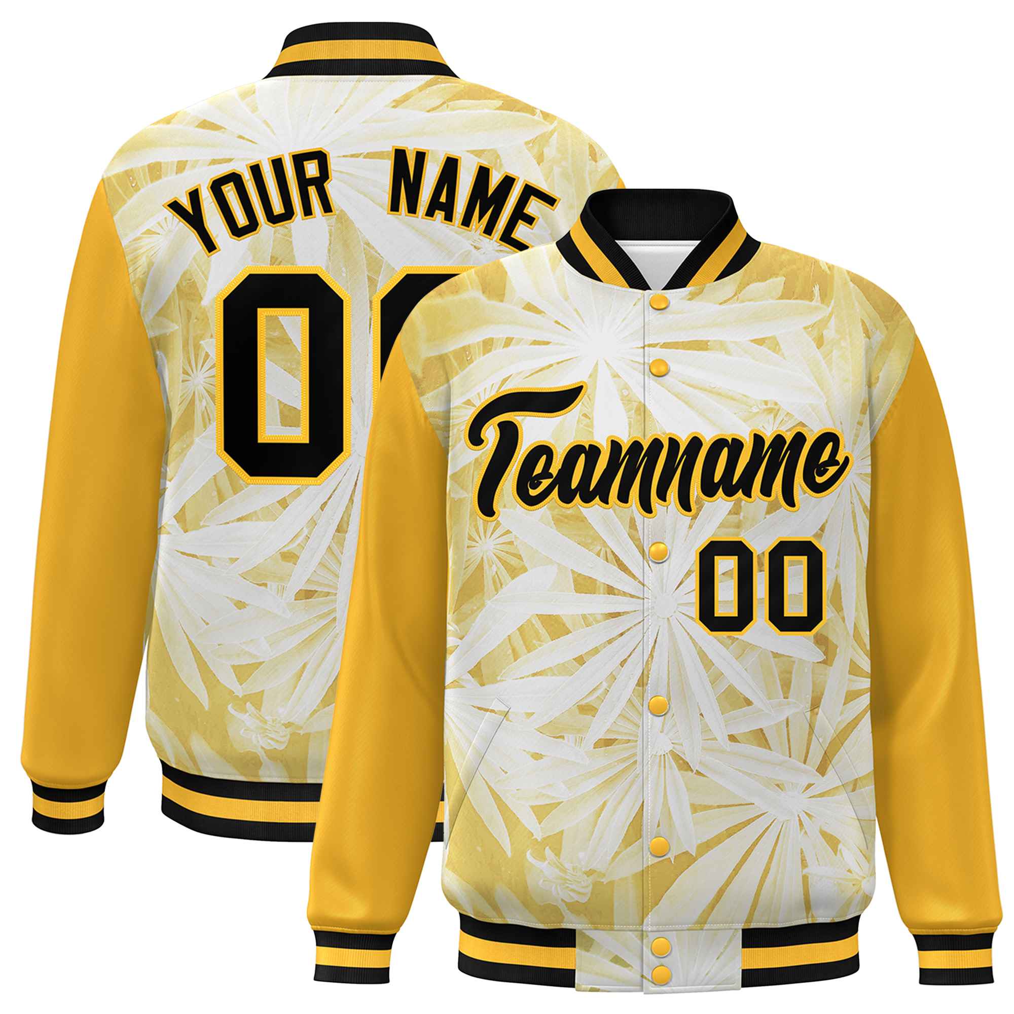 Custom Gold Black Maple Leaf Raglan Sleeves Bomber Graffiti Pattern Varsity Jacket