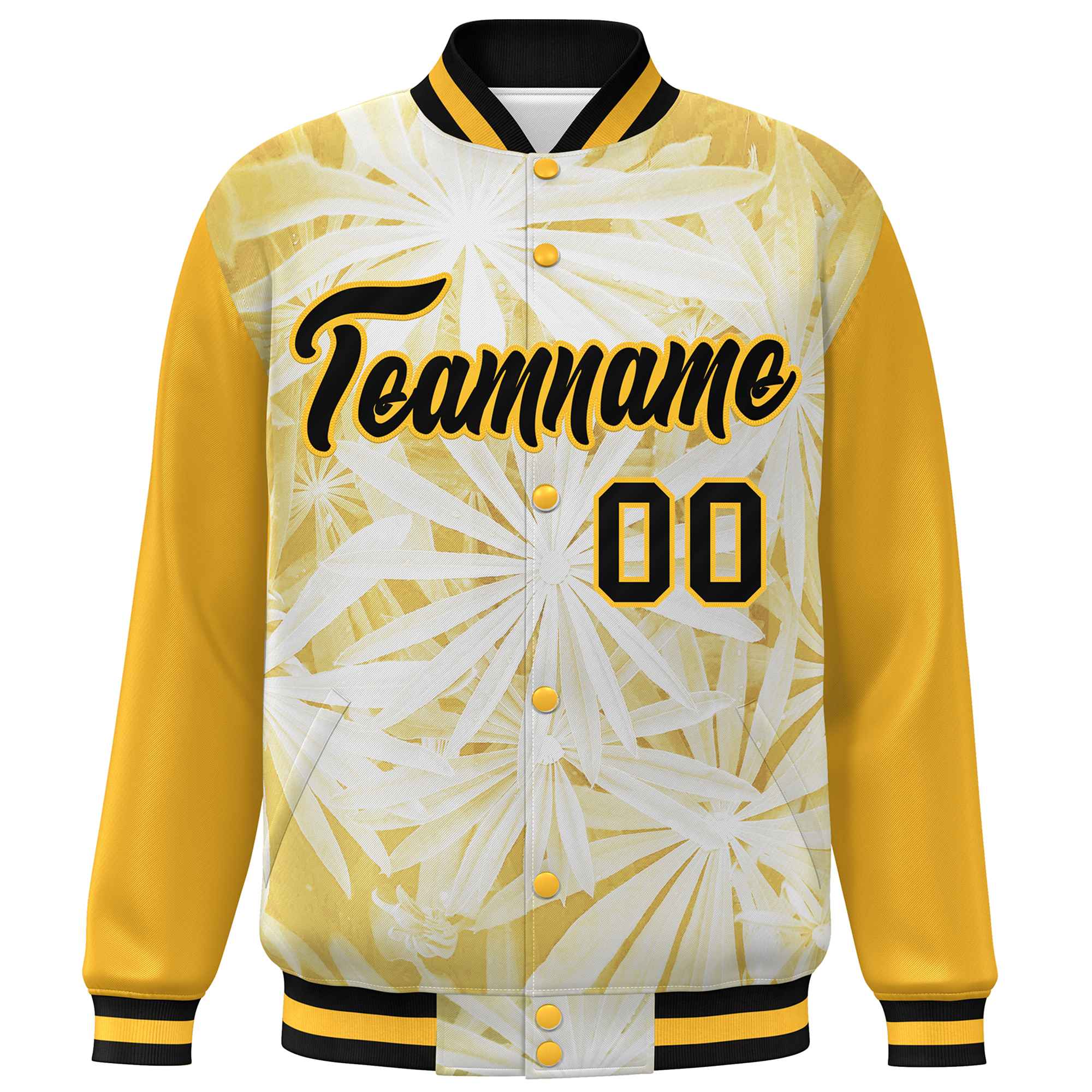 Custom Gold Black Maple Leaf Raglan Sleeves Bomber Graffiti Pattern Varsity Jacket