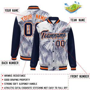 Custom Navy Orange-White Maple Leaf Raglan Sleeves Bomber Graffiti Pattern Varsity Jacket