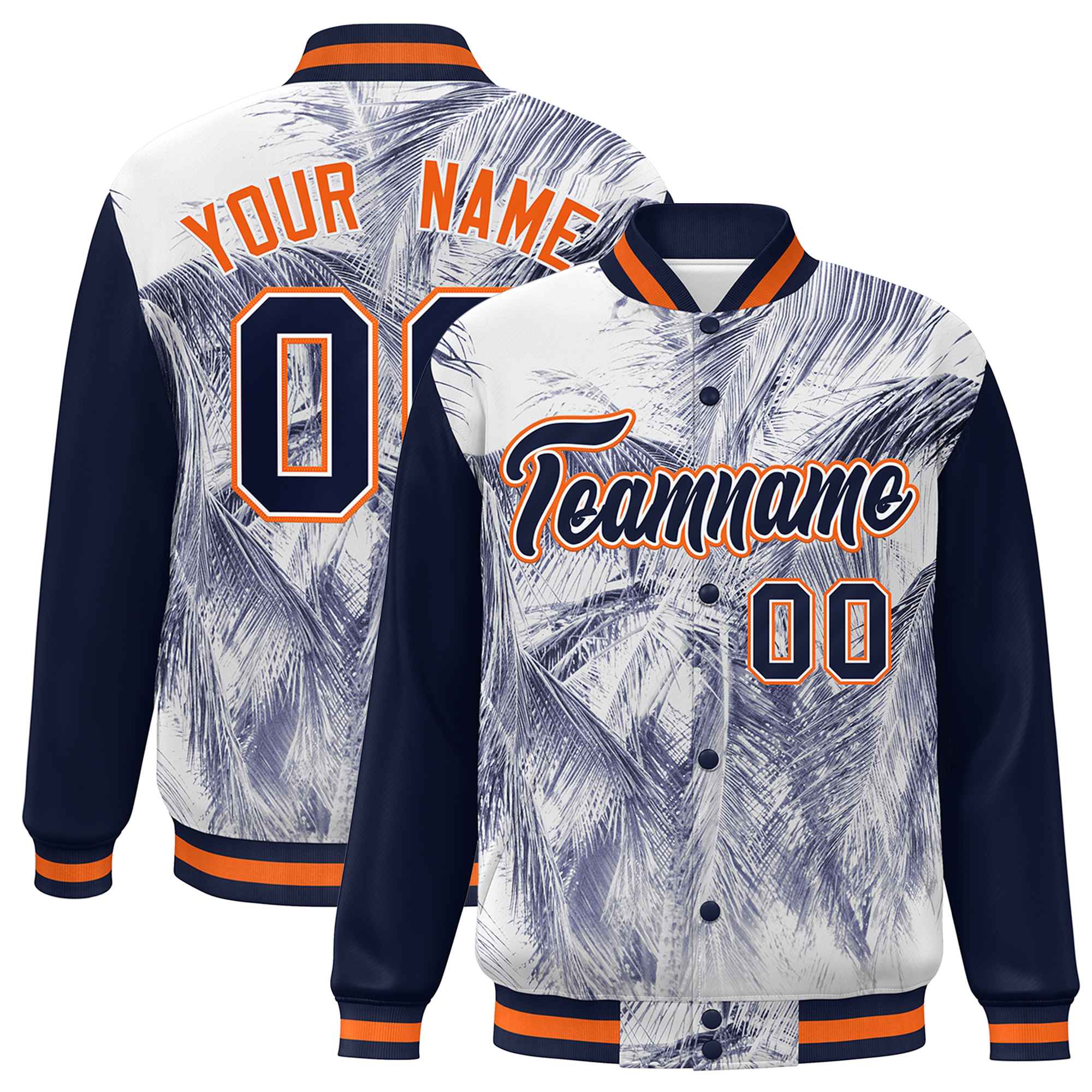 Custom Navy Orange-White Maple Leaf Raglan Sleeves Bomber Graffiti Pattern Varsity Jacket