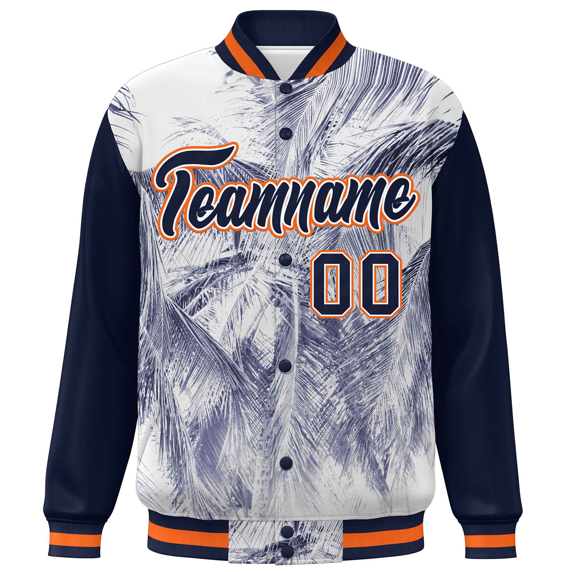 Custom Navy Orange-White Maple Leaf Raglan Sleeves Bomber Graffiti Pattern Varsity Jacket