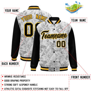 Custom Black Gold Maple Leaf Raglan Sleeves Bomber Graffiti Pattern Varsity Jacket