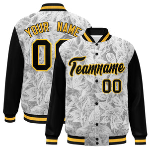 Custom Black Gold Maple Leaf Raglan Sleeves Bomber Graffiti Pattern Varsity Jacket