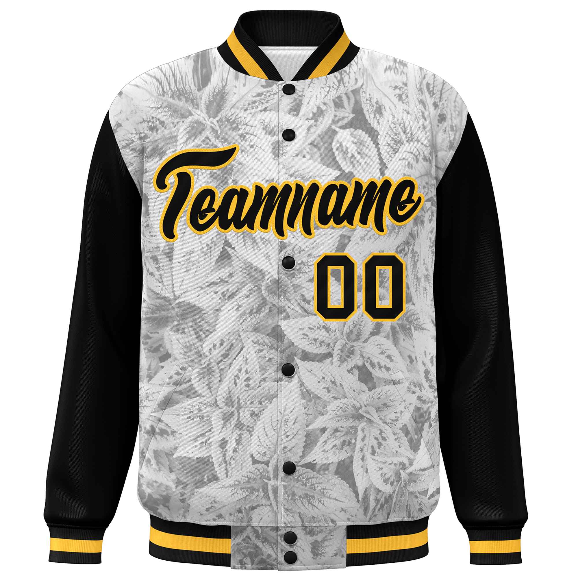 Custom Black Gold Maple Leaf Raglan Sleeves Bomber Graffiti Pattern Varsity Jacket