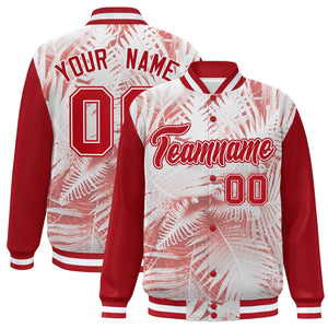 Custom Red White Maple Leaf Raglan Sleeves Bomber Graffiti Pattern Varsity Jacket