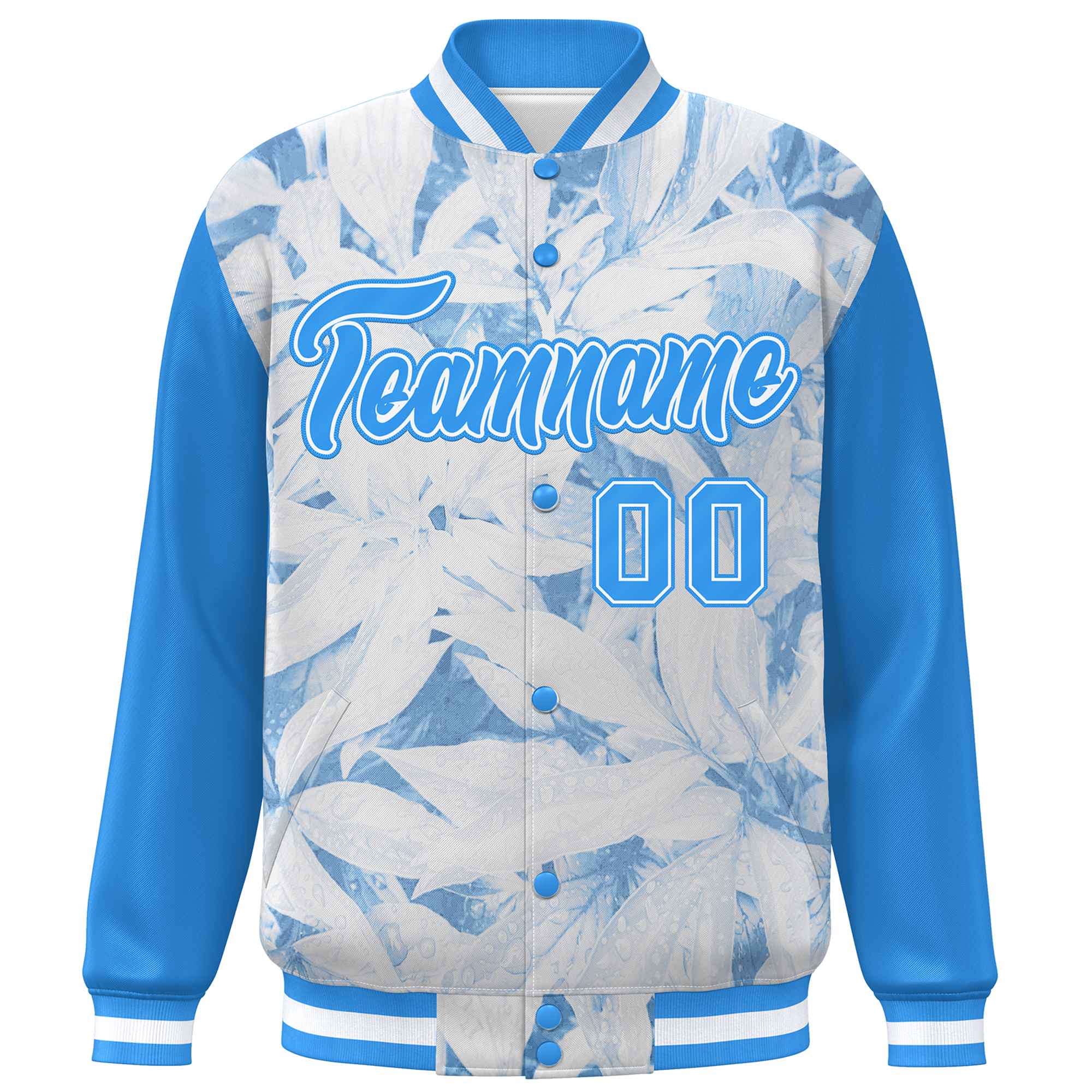 Custom Powder Blue White Maple Leaf Raglan Sleeves Bomber Graffiti Pattern Varsity Jacket