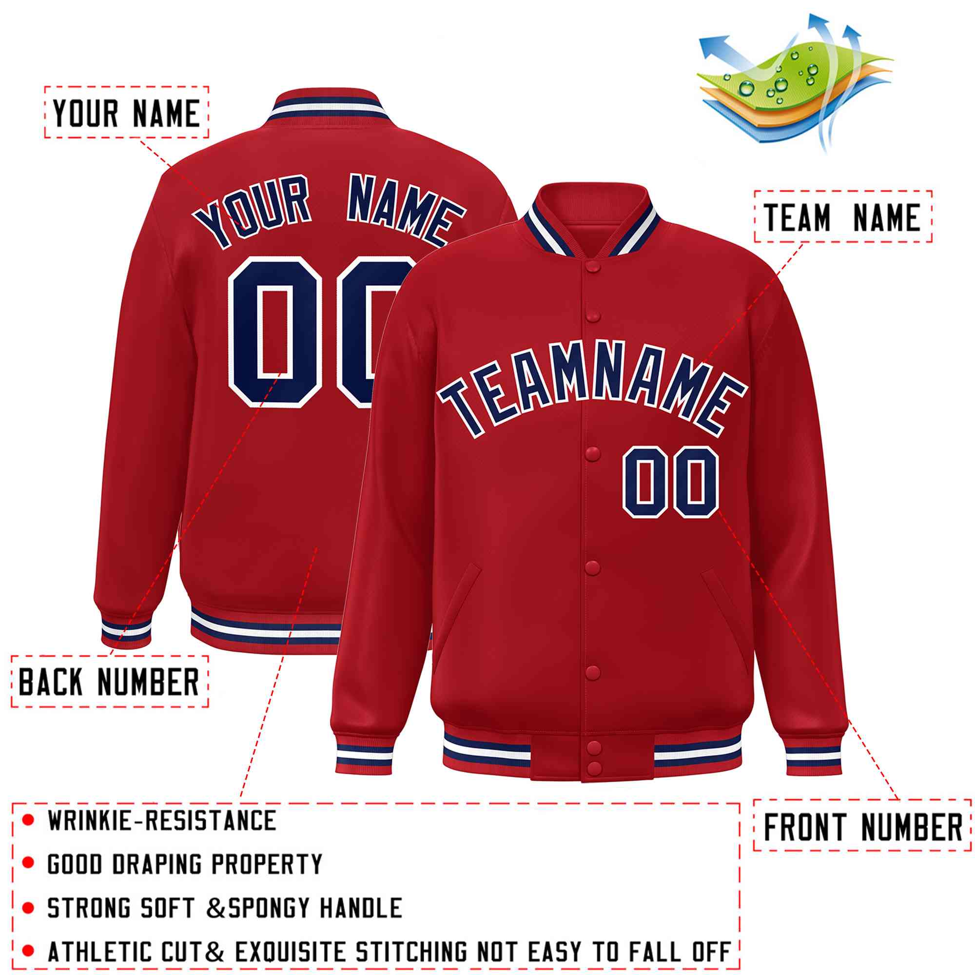 Custom Red Navy-White Classic Style Varsity Full-Snap Letterman Jacket