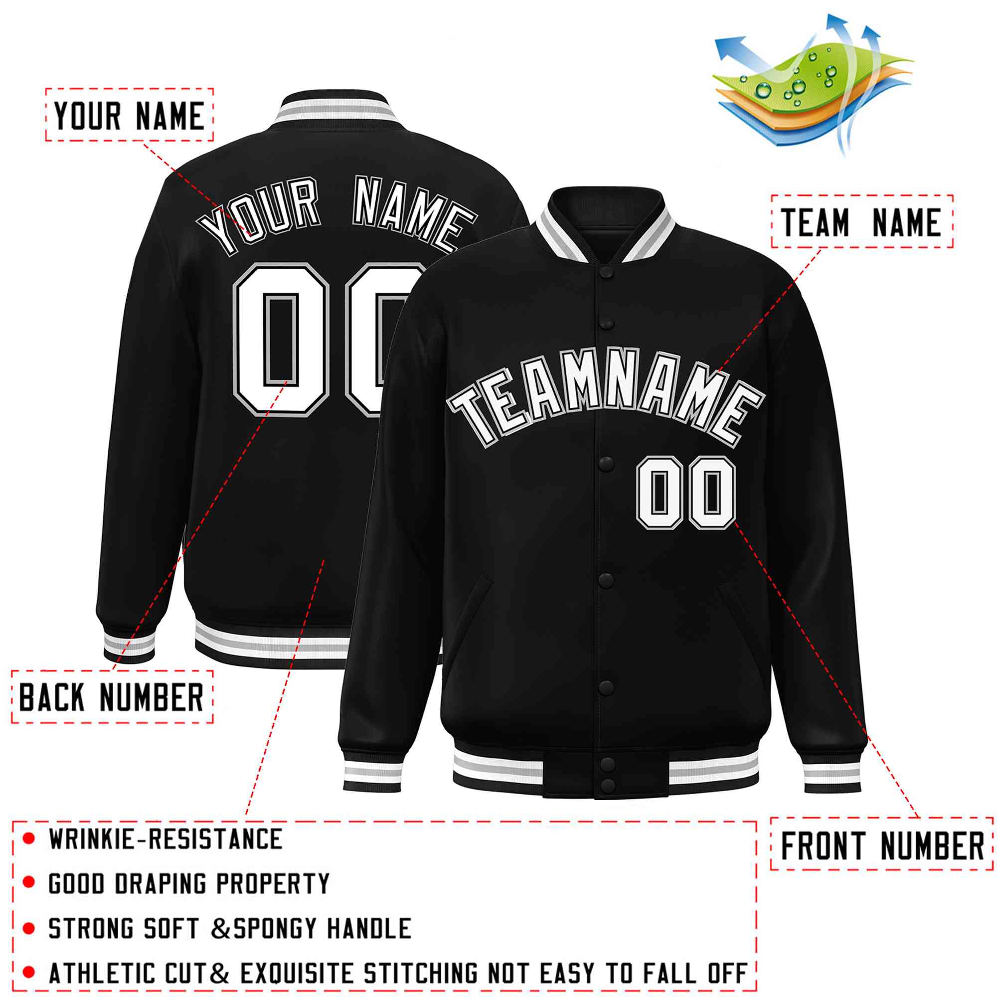 Custom Black White-Black Classic Style Varsity Full-Snap Letterman Jacket