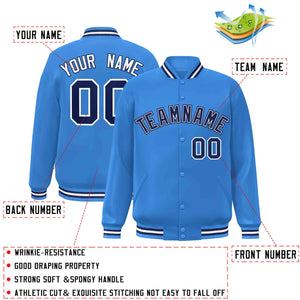 Custom Powder Blue Navy-White Classic Style Varsity Full-Snap Letterman Jacket