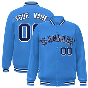 Custom Powder Blue Navy-White Classic Style Varsity Full-Snap Letterman Jacket