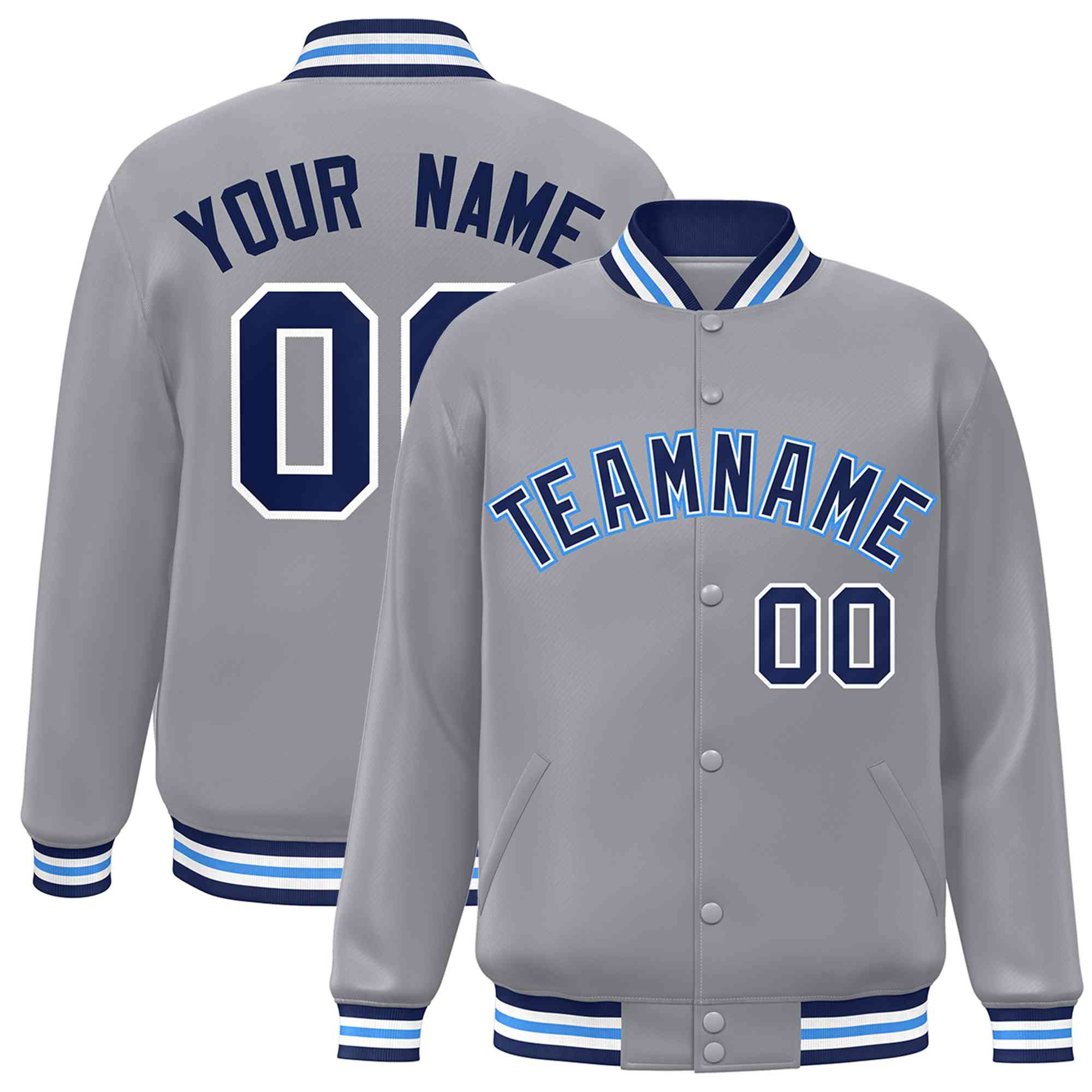 Custom Gray Navy-White Classic Style Varsity Full-Snap Letterman Jacket