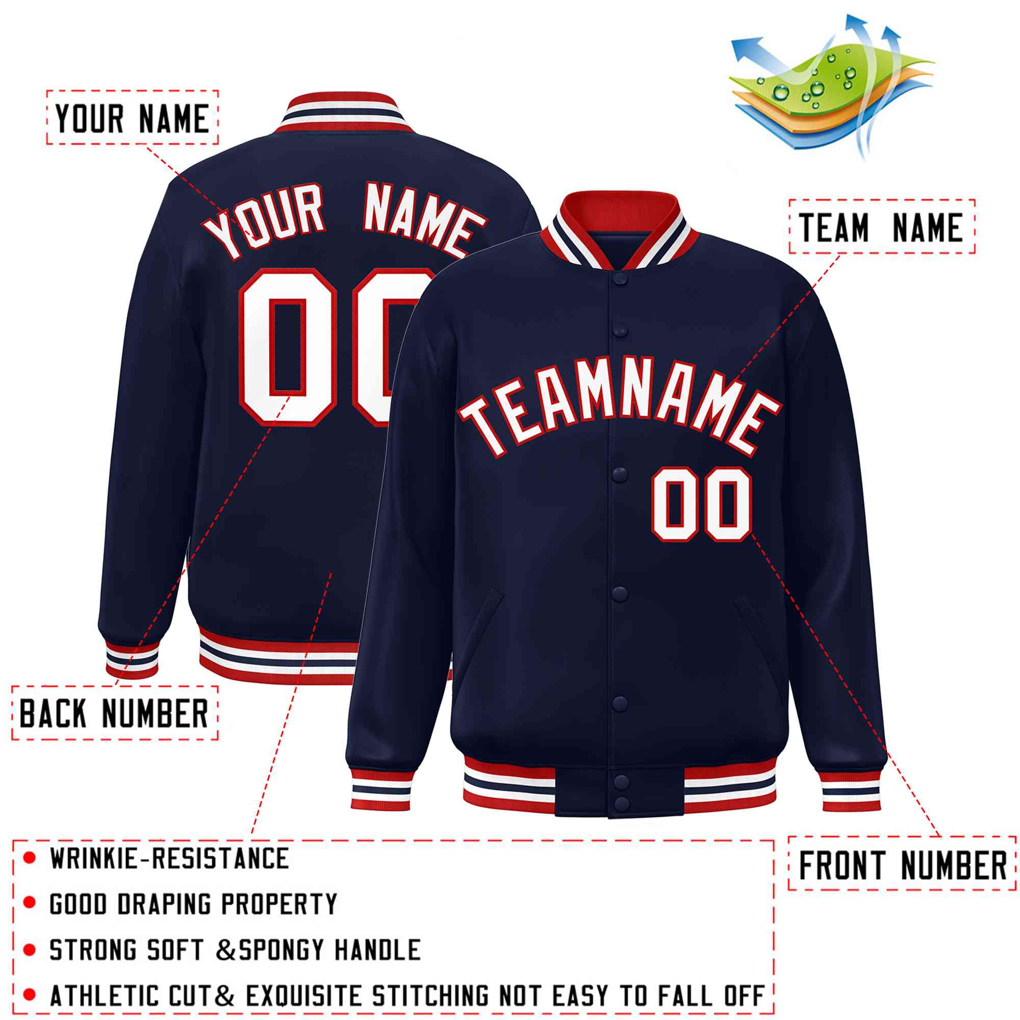 Custom Navy White-Red Classic Style Varsity Full-Snap Letterman Jacket