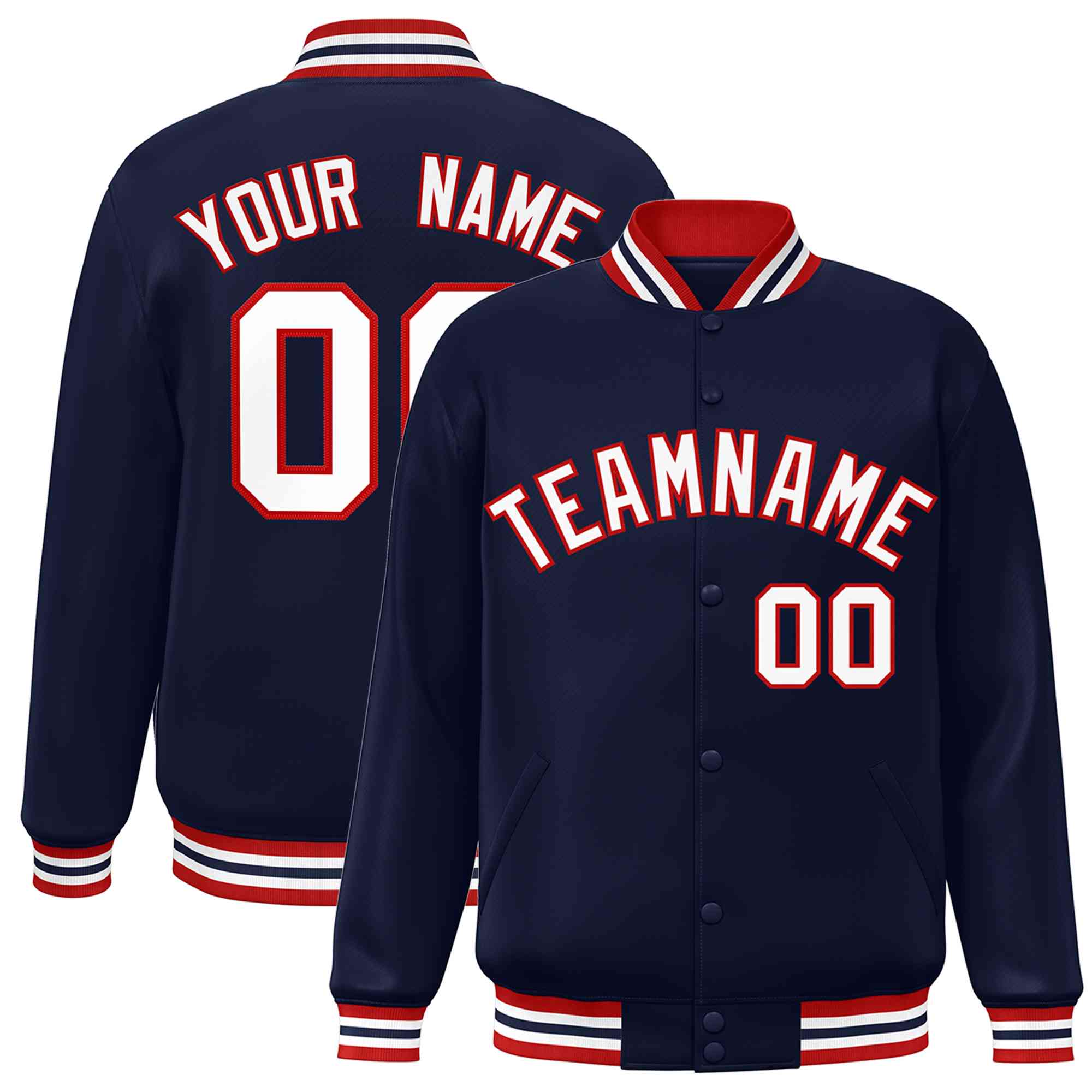 Custom Navy White-Red Classic Style Varsity Full-Snap Letterman Jacket