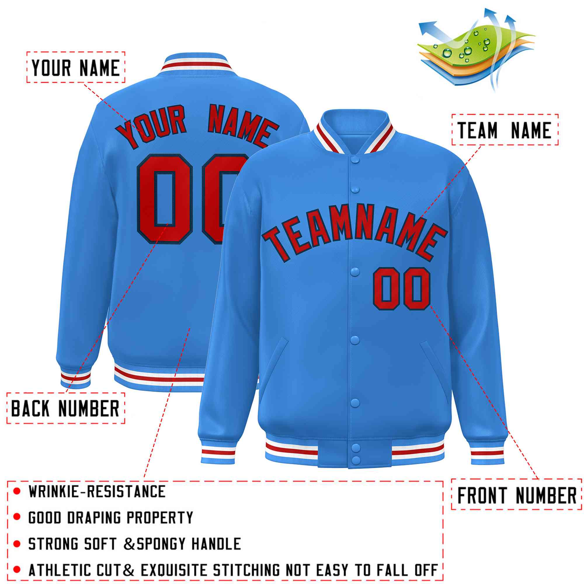 Custom Powder Blue Red-Navy Classic Style Varsity Full-Snap Letterman Jacket