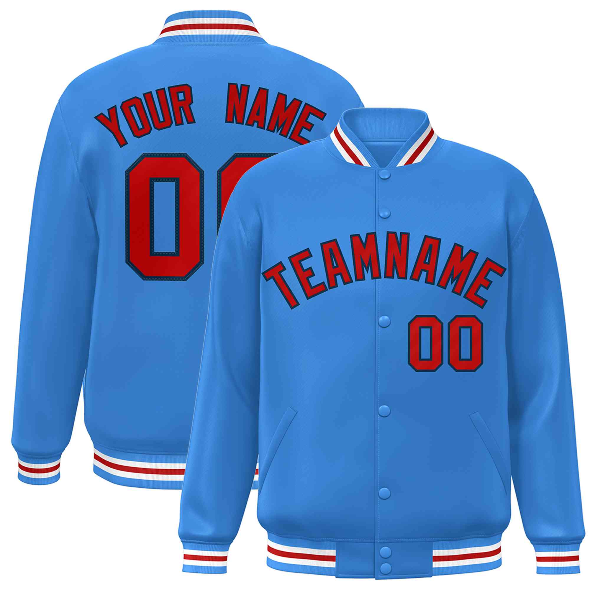 Custom Powder Blue Red-Navy Classic Style Varsity Full-Snap Letterman Jacket