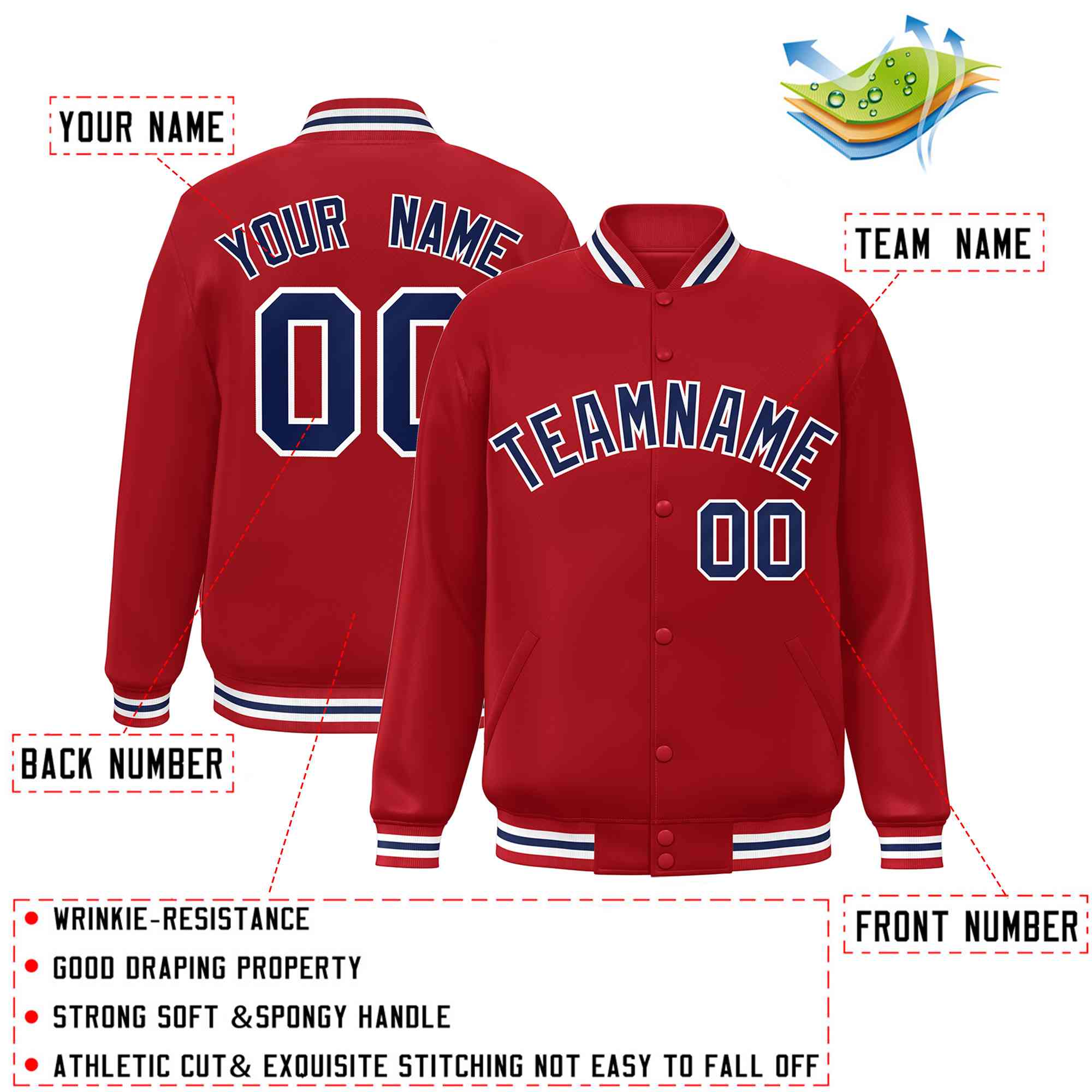 Custom Red Navy-White Classic Style Varsity Full-Snap Letterman Jacket