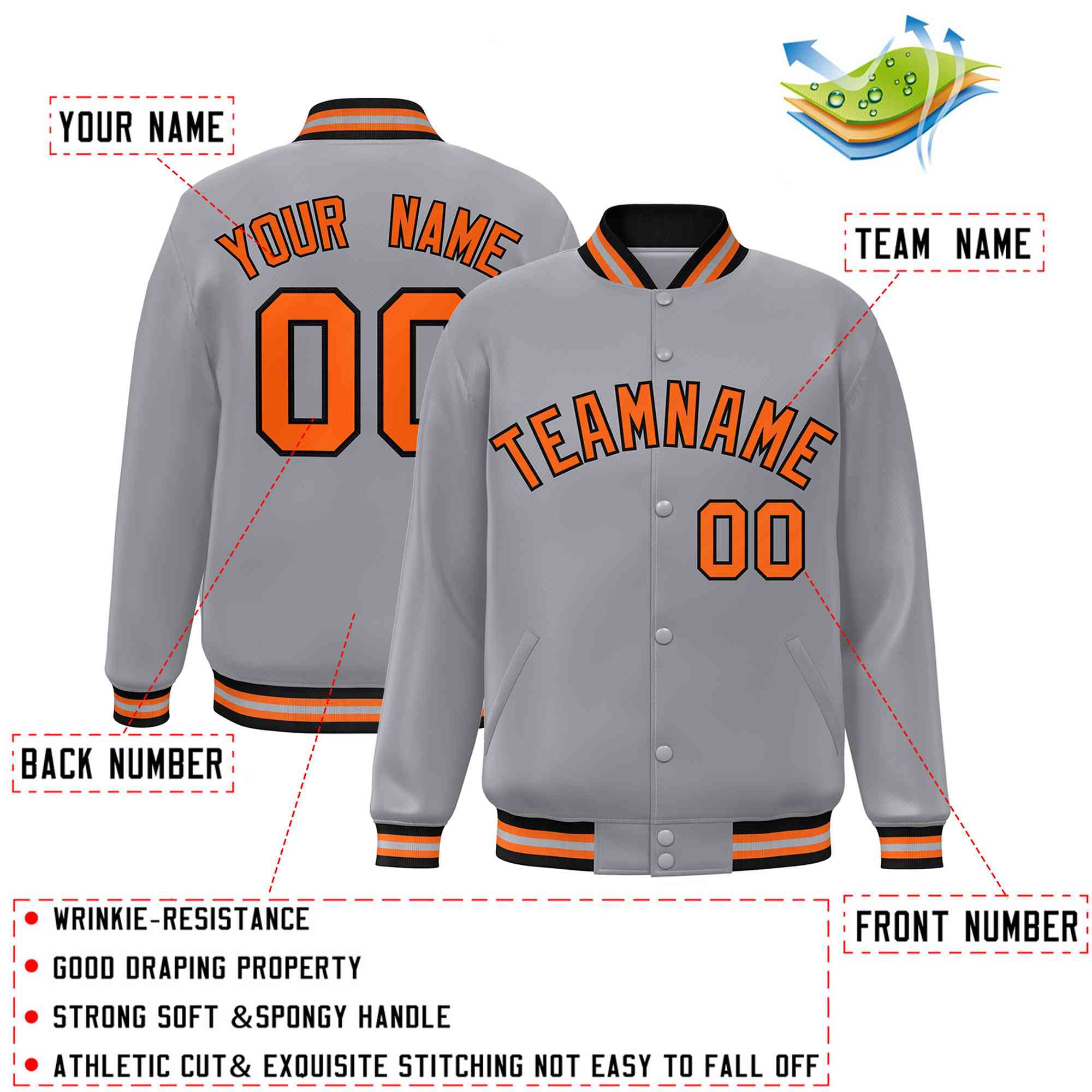 Custom Gray Orange-Black Classic Style Varsity Full-Snap Letterman Jacket