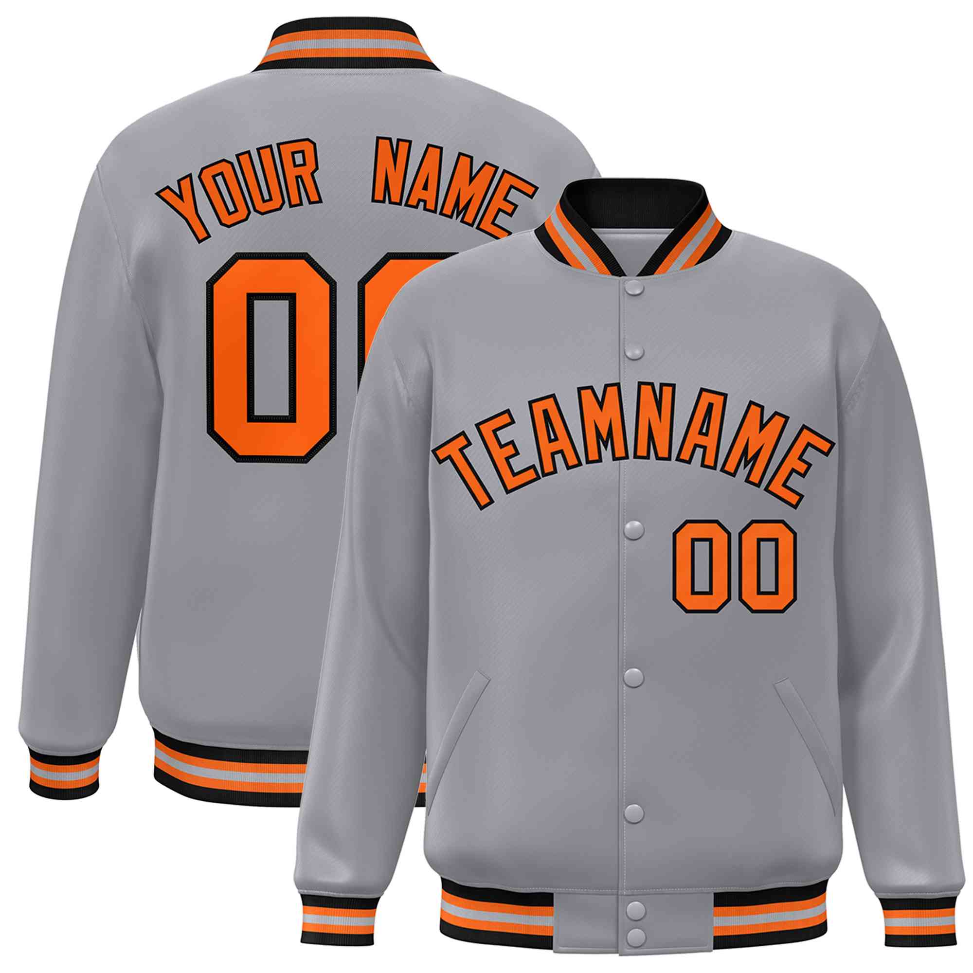 Custom Gray Orange-Black Classic Style Varsity Full-Snap Letterman Jacket